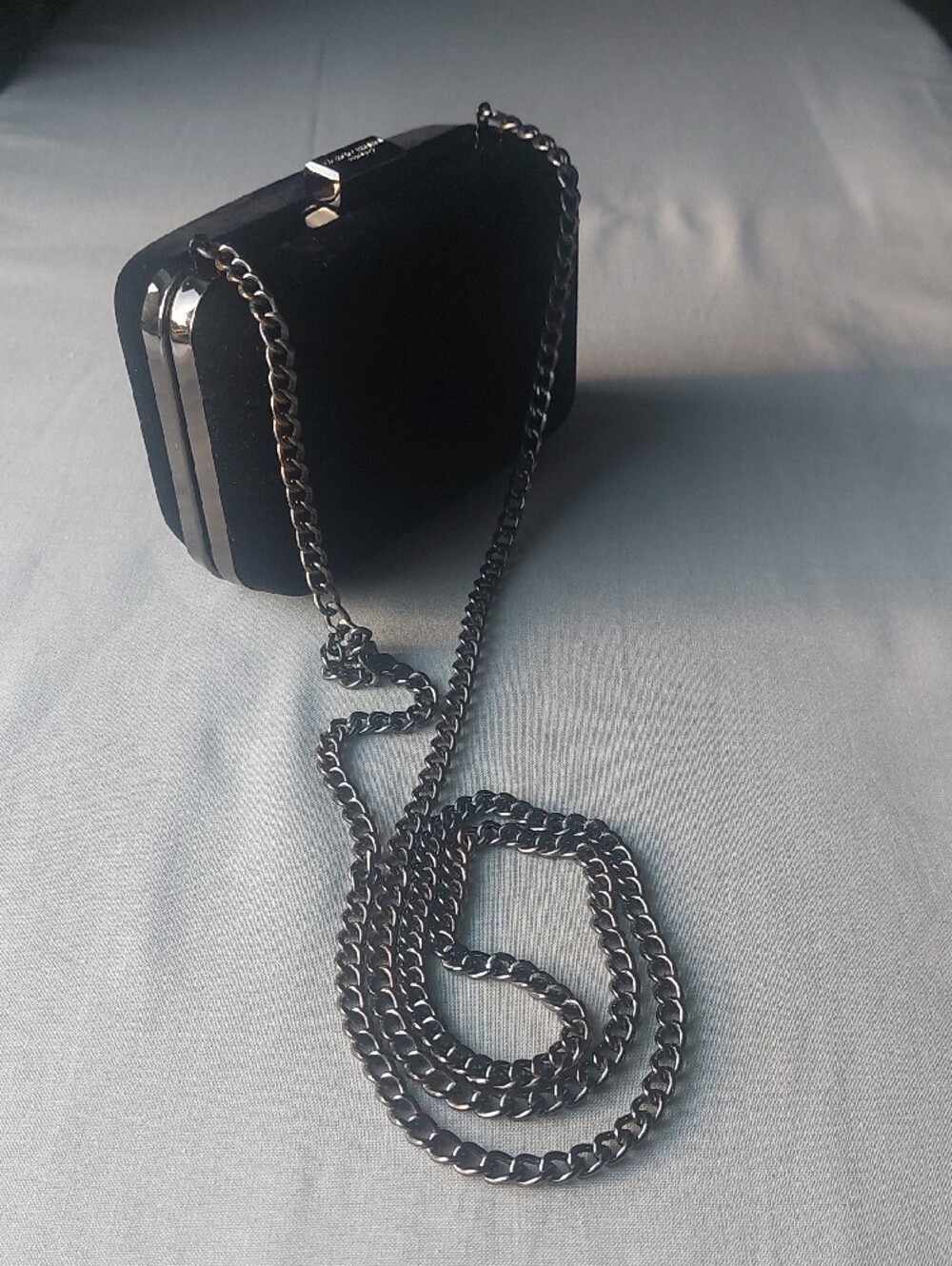 Giorgio Armani Black Velvet Box Clutch with Silver Chain Strap